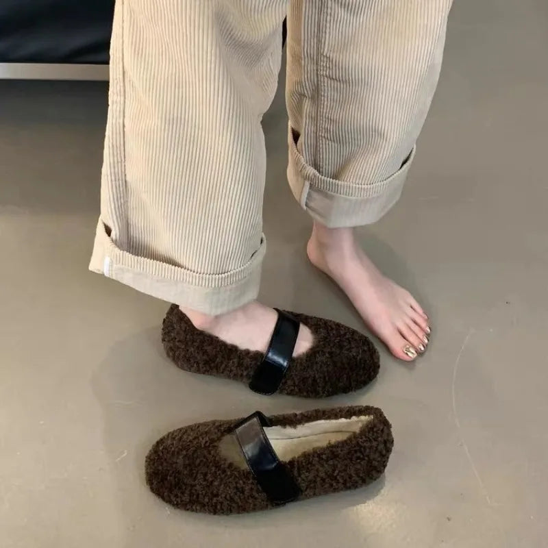 Xajzpa New Women Ballet Laofer Flat Shoes Fashion Shallow Slip on Ladies Fur Mary Jane Shoes Soft Outdoor Granny Shoes Zapatos Mujer