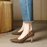 Xajzpa New Style Luxury Women's Fashion HIgh Heels for Women Shallow-Mouth Single Shoes Leather Sheepskin Leopard Print Shoes