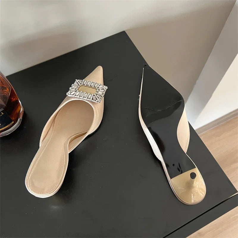 Xajzpa Spring Pointed Toe Crystal Buckle Mules Slippers Women Fashion Thin Heels Casual Party Shoes Zapatos De Mujer
