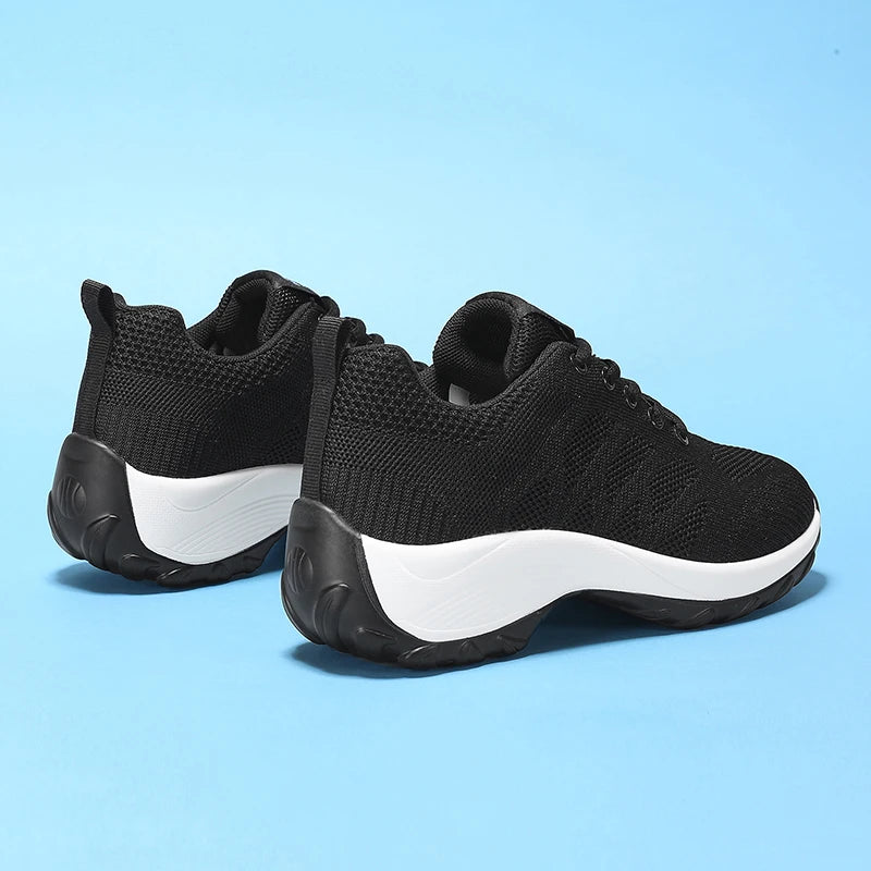 Xajzpa Women's Casual Shoes Breathable Walking Mesh Fabric Lace Up Flat Sports Shoes Women's Tenis Feminino Black Hiking Running Shoes