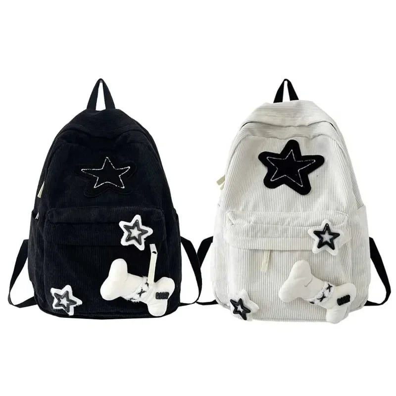 Y2K Girls Star Pattern Laptop Backpack Teen Student Large Capacity School Bookbag Corduroy Rucksack Double Strap Shoulder Bag