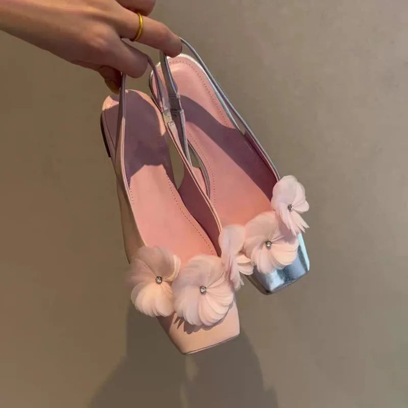 Xajzpa New Style Women's Fashion Flower Wrapped Back Trip Sandals Pointed Toe Shallow Mouth One Strap Soft Sole Low Heel Shoes