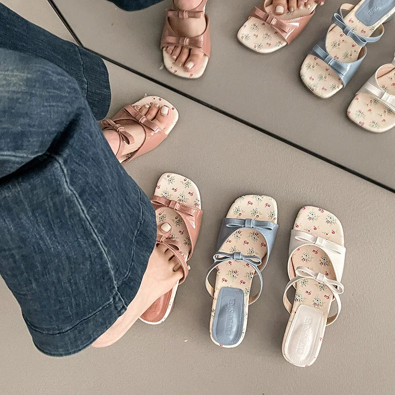 Xajzpa Slippers Women Summer Butterfly-Knot Shoes Slides Fashion Square heel Pantofle Luxury Block 2025 Floral Sweet Butterfly-knot