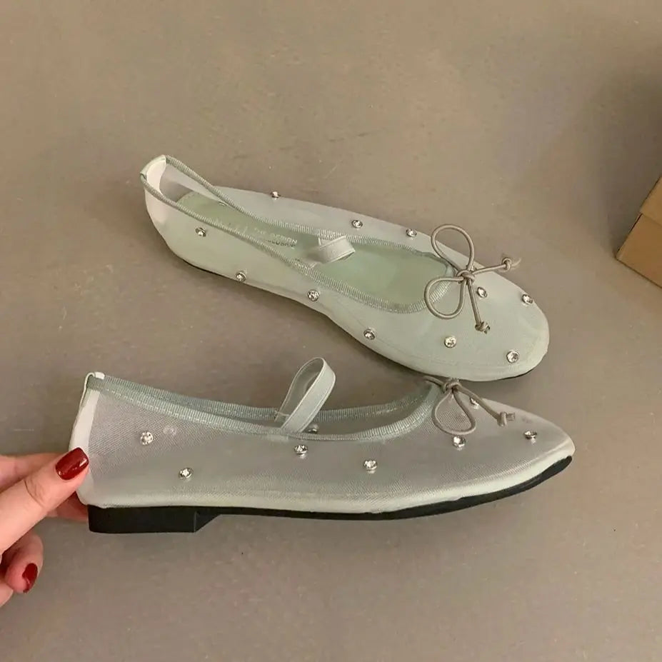 Xajzpa New Brand Women Flat Shoes Fashion Mesh Ladies Elegant Mary Jane Shoes Soft Sole Outdoor Dress Ballerinas