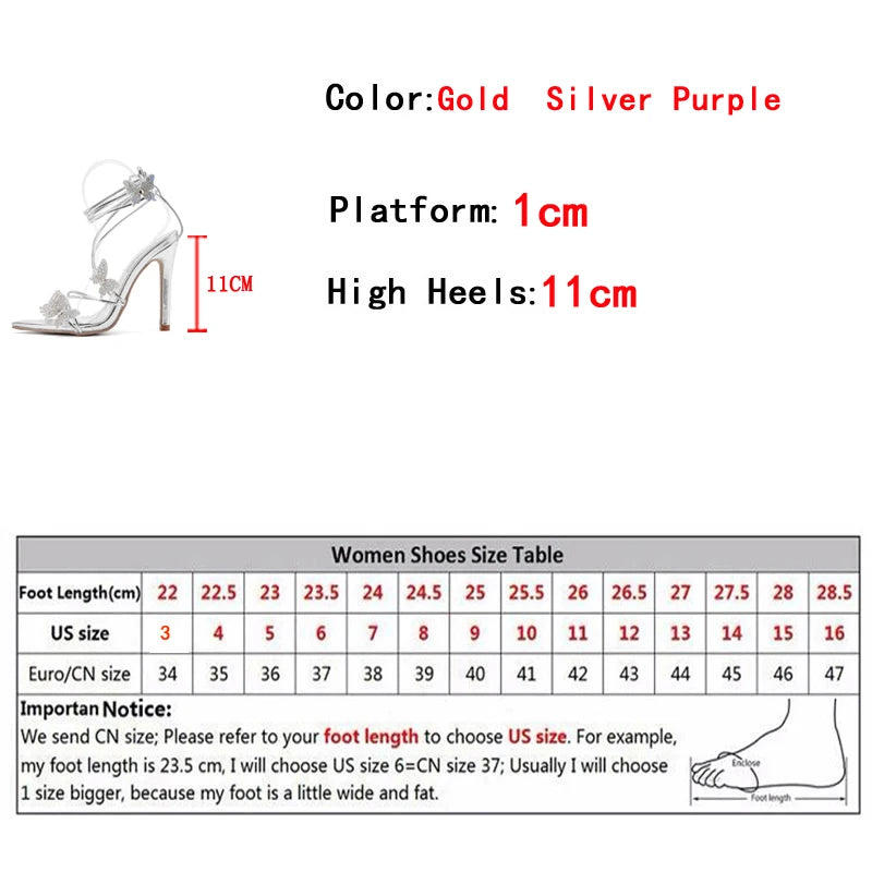 Xajzpa Sexy Crystal Butterfly Narrow Band Ankle Strap Gold Sandals Women Wedding Banquet Shoes Sexy Pointed Toe Stripper Heels