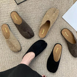 Xajzpa Women Split Toe Fur Slippers Tabi Ninja Slip On Flats Round Toe Shallow Lazy Boat Slingback Mules Shoes Soft Warm Loafe