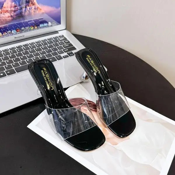 Xajzpa Transparent Slippers Glitter Slides Shoes Thin Heels Heeled Mules Slipers Women Jelly Silver High 2025 Pumps Scandals Glitter Sl