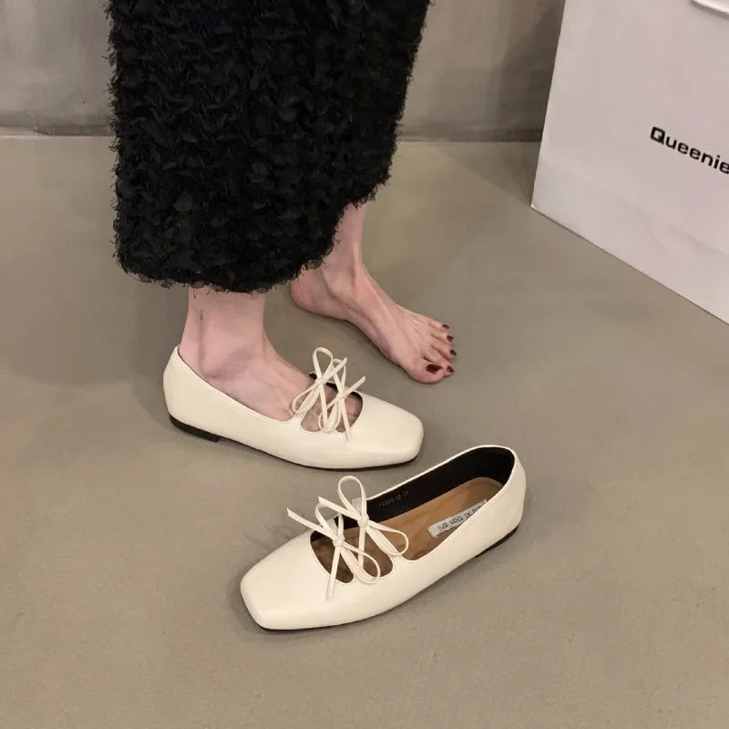 Xajzpa Sweet Double Bowknot Women Mary Jane Shoes New 2024 Square Toe Dress Flat Shoe Ladies Red Soft Sole Shoes Zapatos