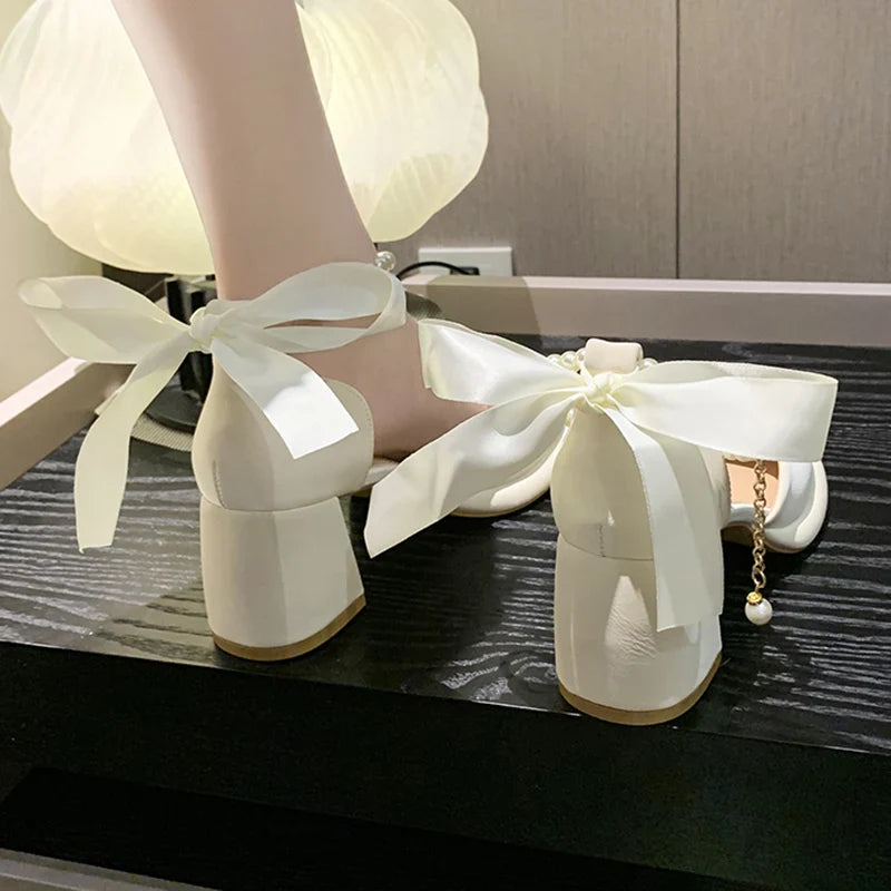 Xajzpa Pearl Ankle Buckle Thick Heel Pumps Women Back Bowtie Lace Up Mary Jane Shoes Woman Autumn Platform High Heels Dress Shoes