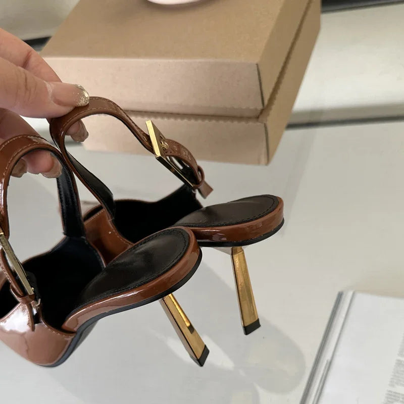 Xajzpa Street Style Sexy Pointed Toe Metal Buckle Strap Women Pumps Stripper Sandals Slingback High Heels Female Shoes