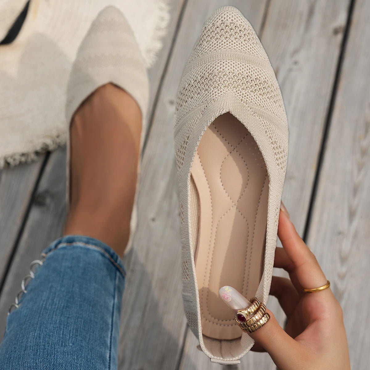 Xajzpa New Women's Pointed Toe Flat Shoes Solid Color Knitted Slip on Ladies Shoes Casual Breathable Ballet Women Flat Shoes Loafers
