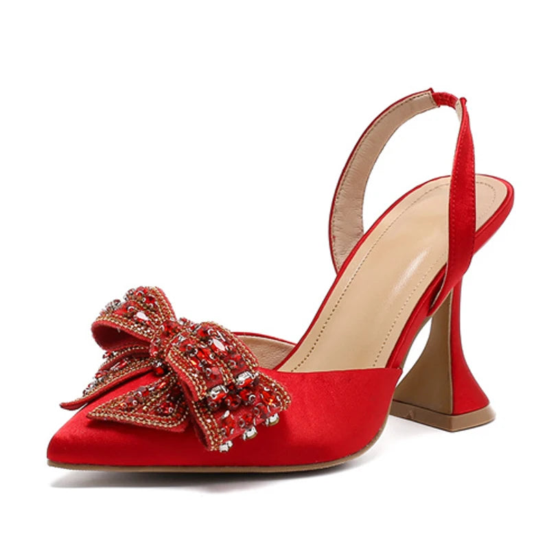Xajzpa Fashion Sequined Crystal Bowknot Women Pumps Sexy Pointed Toe Red High Heels Wedding Banquet Shoes Ladies Slingback Sandal