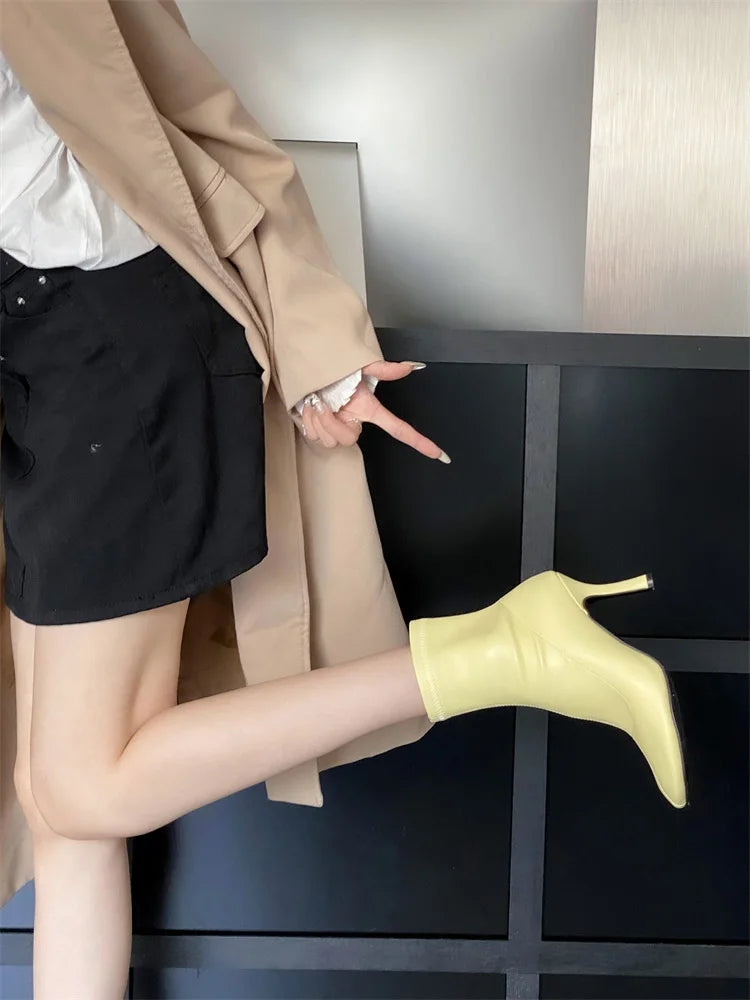 xajzpa Spring Autumn SEXY Round Toe Women Ankle Boots Concise Thin High Heels Shoes Fashion Side Zipper Short Booties