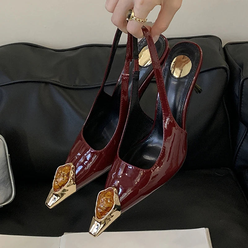 Xajzpa Fashion Design Inlay Gems Pointed Toe Patent Leather Sexy Slingback Sandals Women Pumps High Heels Wedding Banquet Shoes