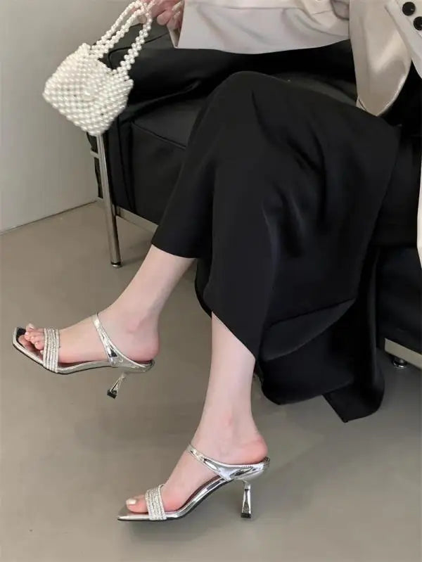 Xajzpa Square Toe Slippers Women Summer Slides Jelly Flip Flops Low Female Tap Fashion Shoes Heeled Mules Pantofle Glitter Hawaiian Lux