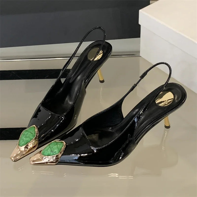 Xajzpa Spring Design Inlay Diamonds Woman Pumps Sexy Thin Low Heels Pointed Toe Elegant Slingbacks Prom Banquet Mules Shoes