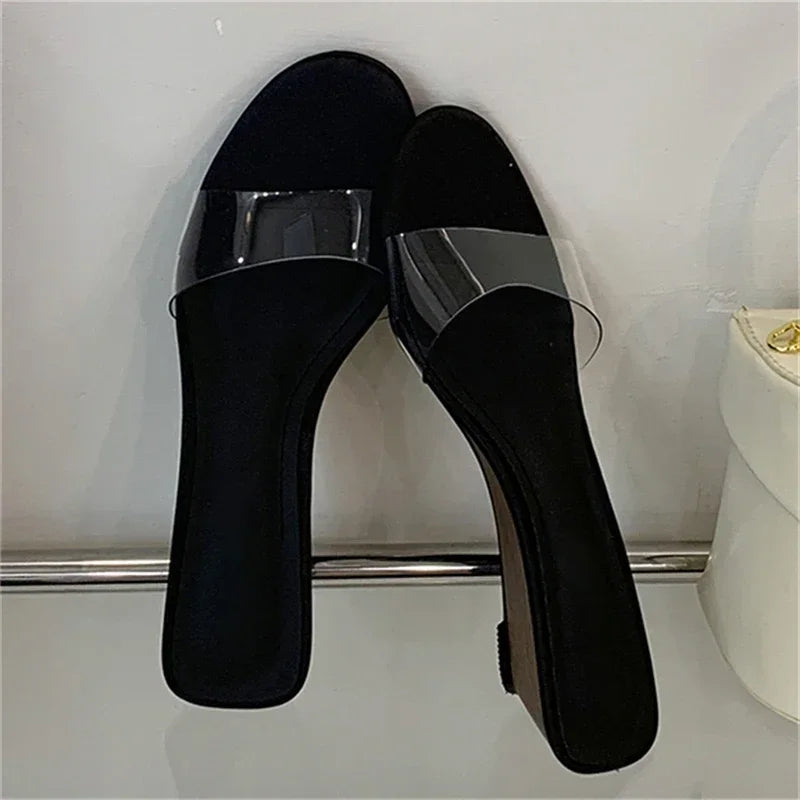 Xajzpa New Summer PVC Transparent Wedges Open Toe Women Slippers Low Heels Banquet Dress Beach Female Shoes