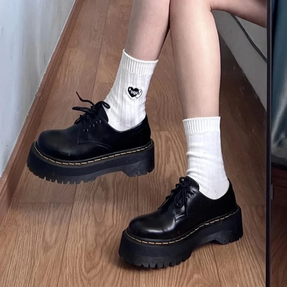Xajzpa Autumn New Fashion Black Round Head Lace-up Solid Color Womens Loafers Casual Thick Soled Leather Women's Thick Soled Shoes