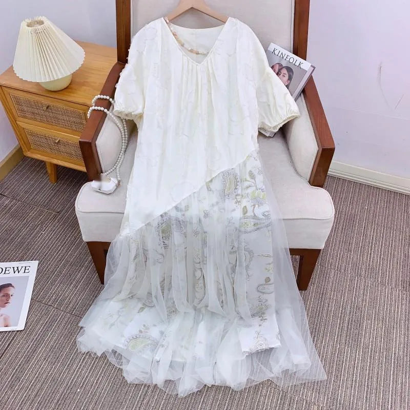 Xajzpa Fashion Lace Mesh Dress Women's V Neck Short Sleeve High Waisted Patchwork Dresses 2025 Summer New Tide