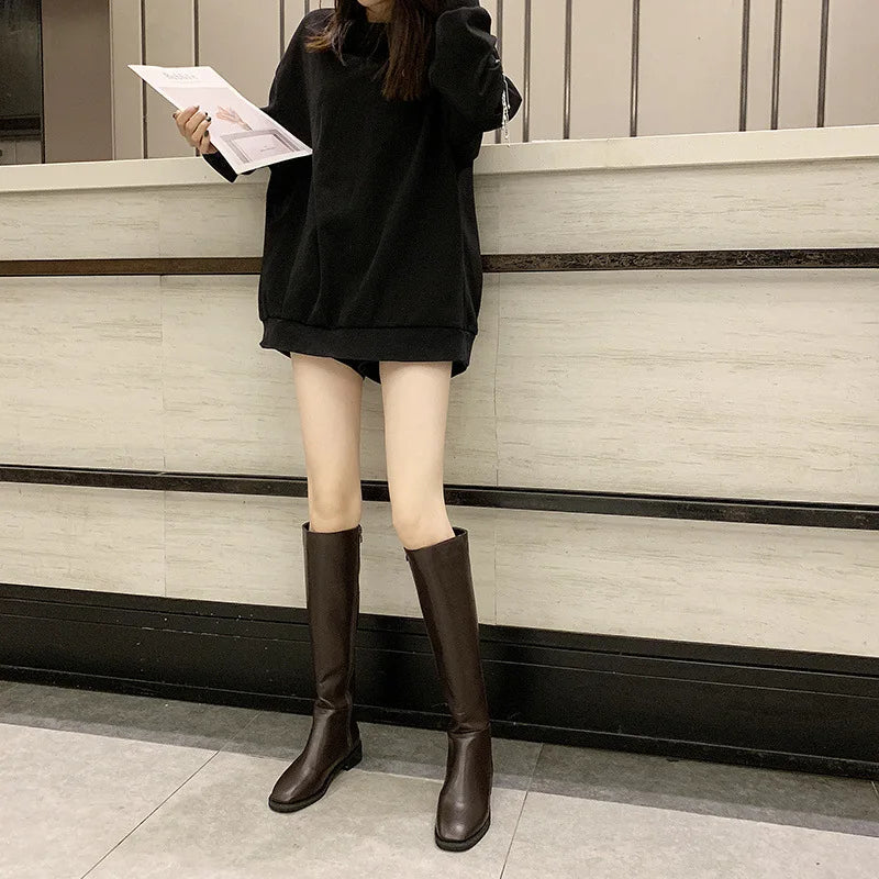 Xajzpa Winter Cotton Women Knee High Boots Fashion Zippers Ladies Elegant Low Heel Long Booties Soft Leather Women's Footwear