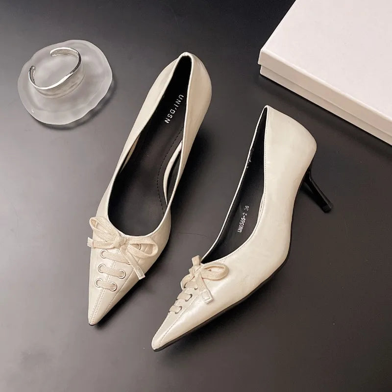 Xajzpa New Style Women's Fashion Female Shoes Slip on Women's High Heel Classics Dress Pumps Women Pointed Toe Thin Heels Bow Tie Shoes