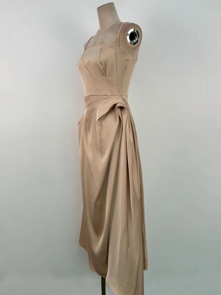 Xajzpa Fashion Solid Color Folds Dress Women's Irregular Suspender Waist Cinching Dresses 2025 Summer New Tide