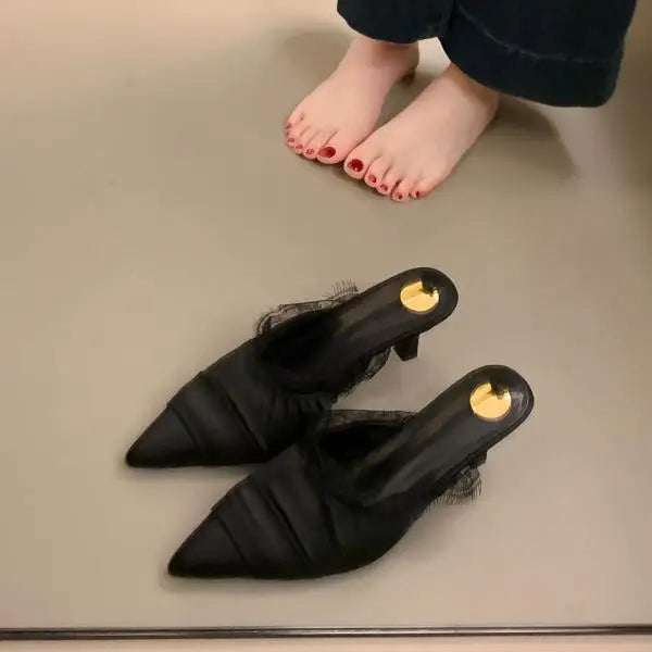 Xajzpa Female Shoes Slippers Women Summer Slides Thin Heels Cover Toe Heeled Mules Lace 2025 High Pointed Shoes Woman 2025 Female Mule
