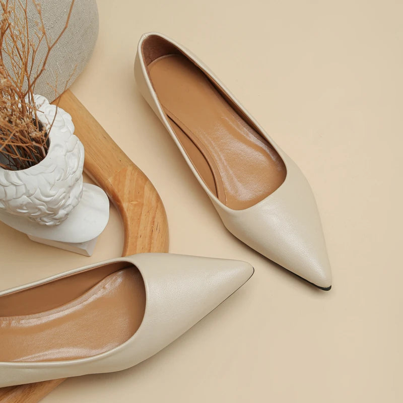 Xajzpa New Pointed Toe Shallow Mouth Square Heel Small Leather Shoes Women's Elegant Fashion High Heels Dress Shoes Zapatos Mujer