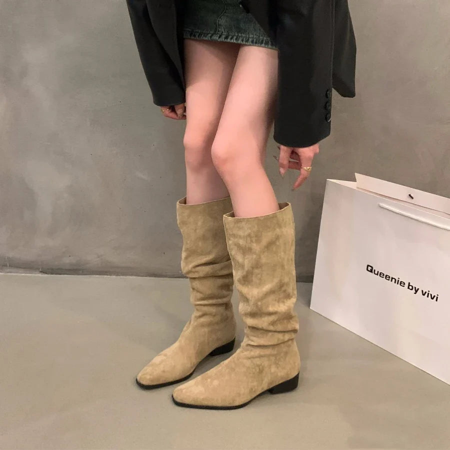 Xajzpa  Women Knee High Boots Autumn Winter Female Shoes Fashion Female Slip-on Folds Low Heel Pointed Toe Long Boots Botas De Mujer