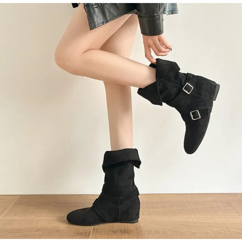 Xajzpa New Women's Vintage Suede Women Trouser Legs Boots Fashion Belt Buckle Slip on Shoes Autumn Winter Wedges Heel Ladies Long Boots