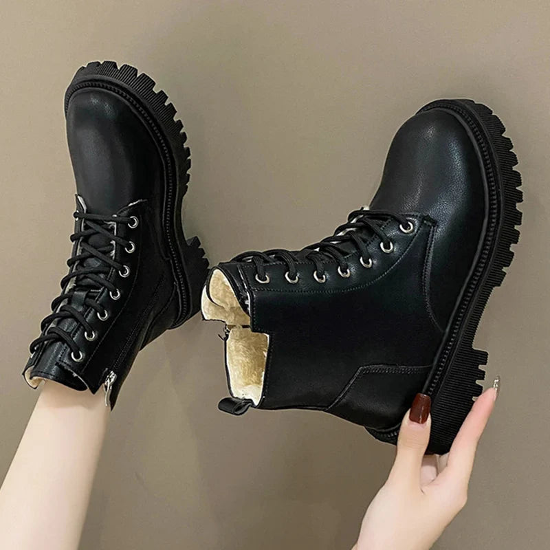 Xajzpa Chunky Heels Lace Up Combat Boots Women Winter Warm Short Plush Ankle Boots Woman Platform Non-Slip PU Leather Short Botas Mujer