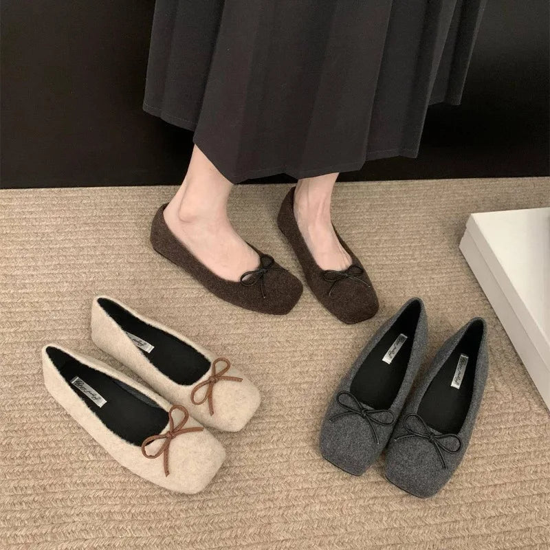 Xajzpa Woman Casual Square Head Bow Flats Flock Mocasines Ballerina Church Flats Female Suede Elegant Soft Sole Women Shoes