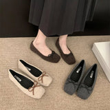 Xajzpa Woman Casual Square Head Bow Flats Flock Mocasines Ballerina Church Flats Female Suede Elegant Soft Sole Women Shoes
