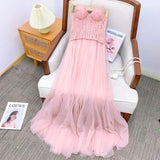 Xajzpa Fashion Lace Mesh Dress Women's Strapless Fishbone Waist Retraction A Line Dresses 2025 Summer New Tide