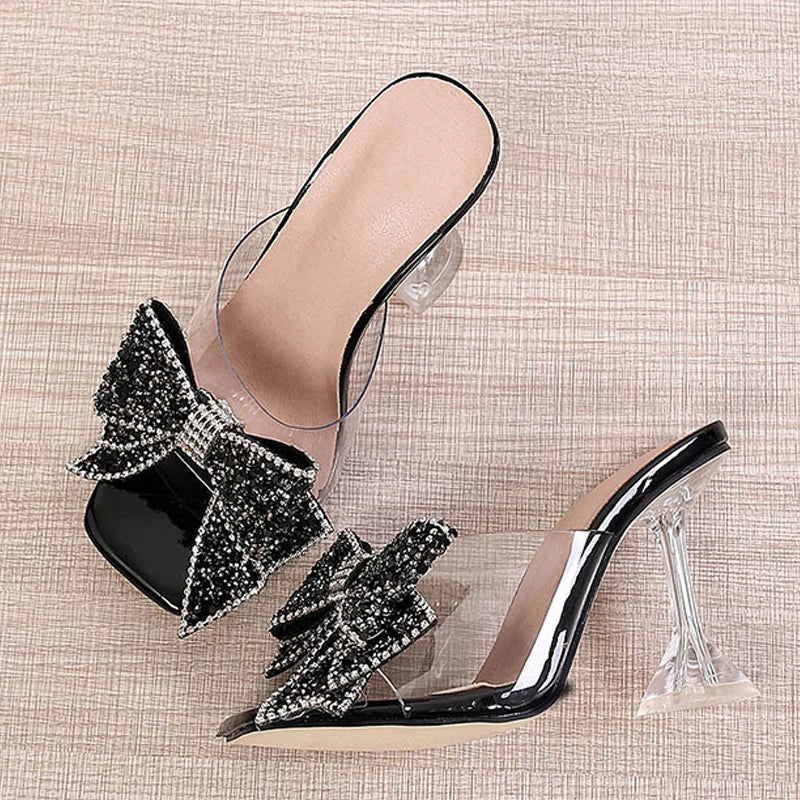 Xajzpa New Transparent Slippers For Women Fashion Silver Crystal Bowknot High Heels Female Mules Slides Summer Sandals Shoes