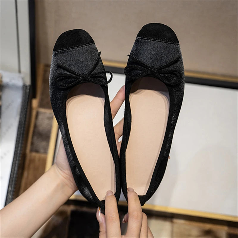 xajzpa Breathable Silk Ballerinas Ballet Flats Women Summer Autumn Slip On Loafers Square Toe Bowknot Flat Casual Shoes