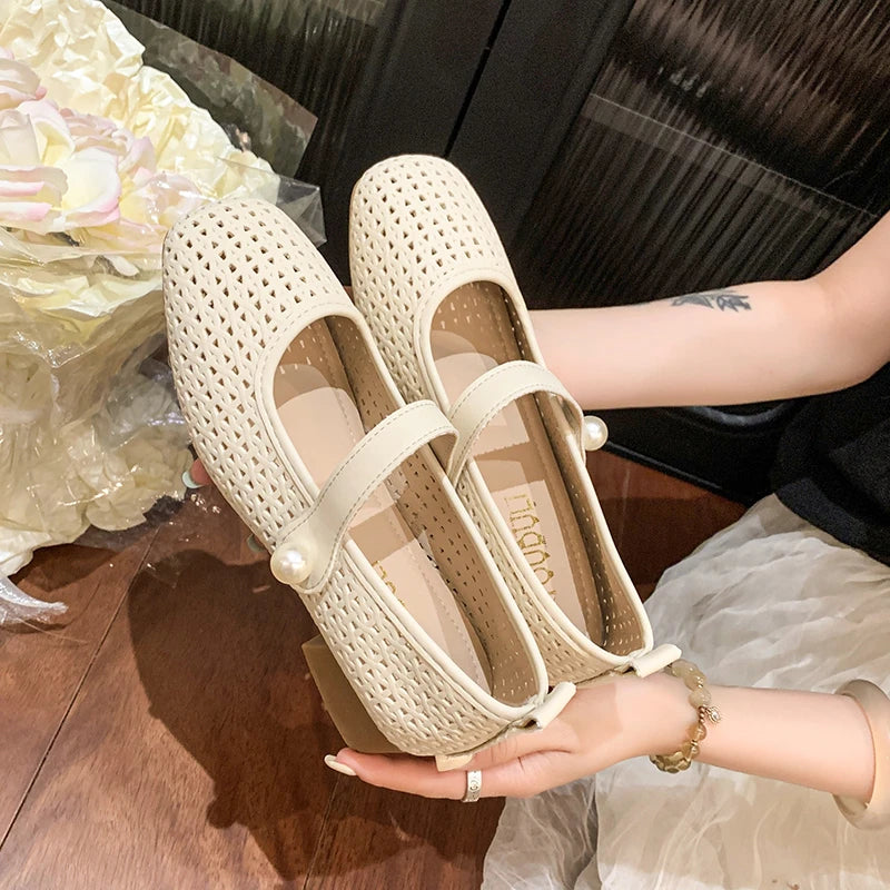 Xajzpa Spring/Summer New Style Fashionable Women's One Word Buckle Mary Janes Round Head Flat Women's Mesh Ballet Shoes Zapatos Mujer