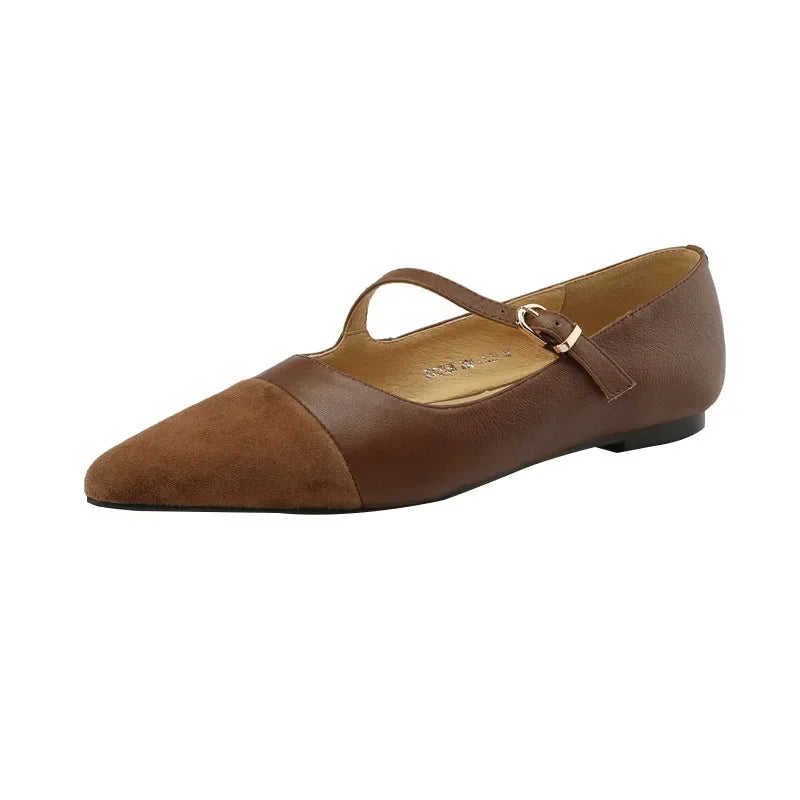 Xajzpa Women Flat Women's Pointed Toe Retro Single Shoes One Word Buckle Round Mary Jane Shoes Ballerina Flats Mujer