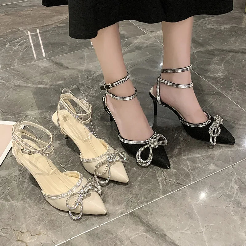 Xajzpa Banquet Dress White High Heels Elegant Temperament Dress Wedding Shoes Rhinestone Pointed Hollow Toe Sexy Sandals for Women