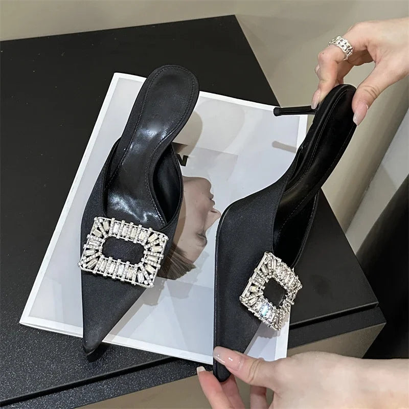Xajzpa Spring Pointed Toe Crystal Buckle Mules Slippers Women Fashion Thin Heels Casual Party Shoes Zapatos De Mujer