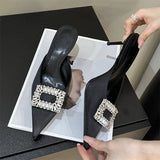 Xajzpa Spring Pointed Toe Crystal Buckle Mules Slippers Women Fashion Thin Heels Casual Party Shoes Zapatos De Mujer