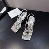 Xajzpa New Women's Red Sexy Metal Buckle High Heels Women Ankle Strap Wedding Party Shoes Ladies Square Toe Elegant Brand Sandals Women
