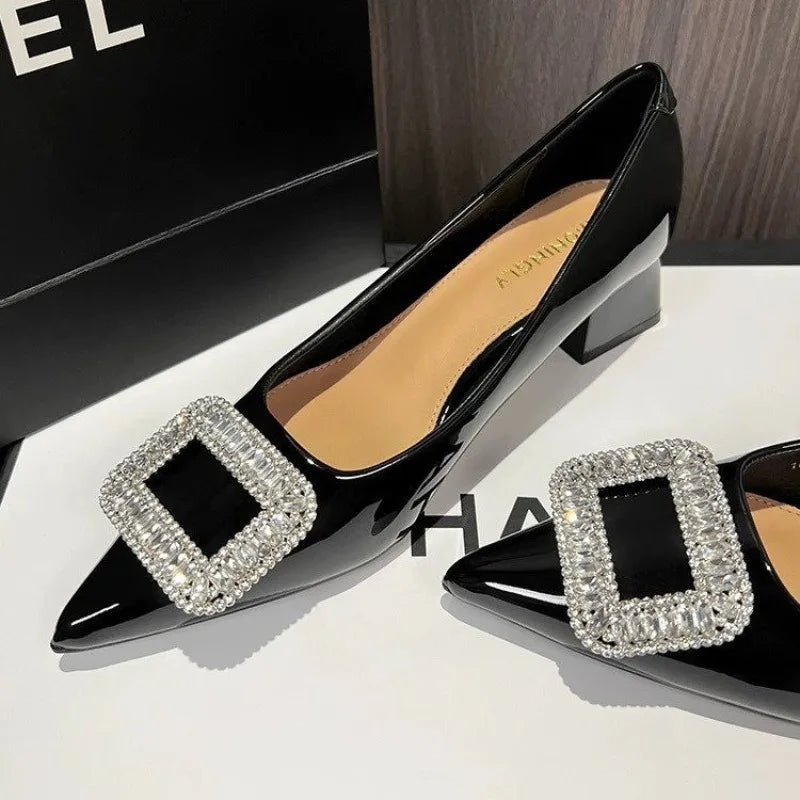 Xajzpa New Style Luxury Women's Fashion Metal Crystal Splice Women Pumps Kitten Thick Heel Elegant Party Ladies Shoes Zapatos De Mujer