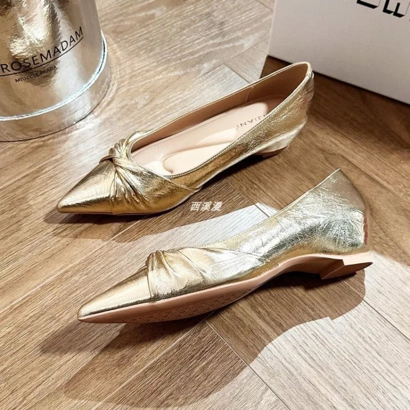 Xajzpa New Fashion Women Flats Pointed Shoes for Women Apricot Leather Casual Loafers Slip on Moccasins Large Size Flat Shoes for Women