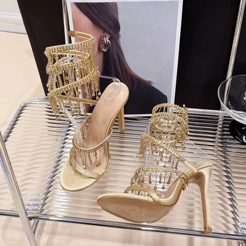 Xajzpa Elegant Women Wedding Banquet Shoes Fashion Crystal Tassel Twining Stiletto Sandals Sexy Open Toe Stripper Heels Golden