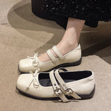 Xajzpa New Style Women's Square Toe Shoes Luxury Bow Flats Ladies Ballet Silver Belt Buckle Footwear Elegant Fashion Mary Jane Shoes