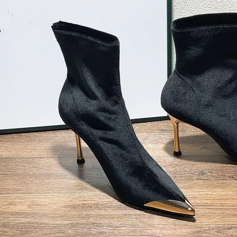 Xajzpa New Style Women's Concise Black Women Ankle Boots Pointed Toe Design Metal Decoration High Stiletto Heels Shoes Zapatos Mujer