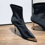 Xajzpa New Style Women's Concise Black Women Ankle Boots Pointed Toe Design Metal Decoration High Stiletto Heels Shoes Zapatos Mujer