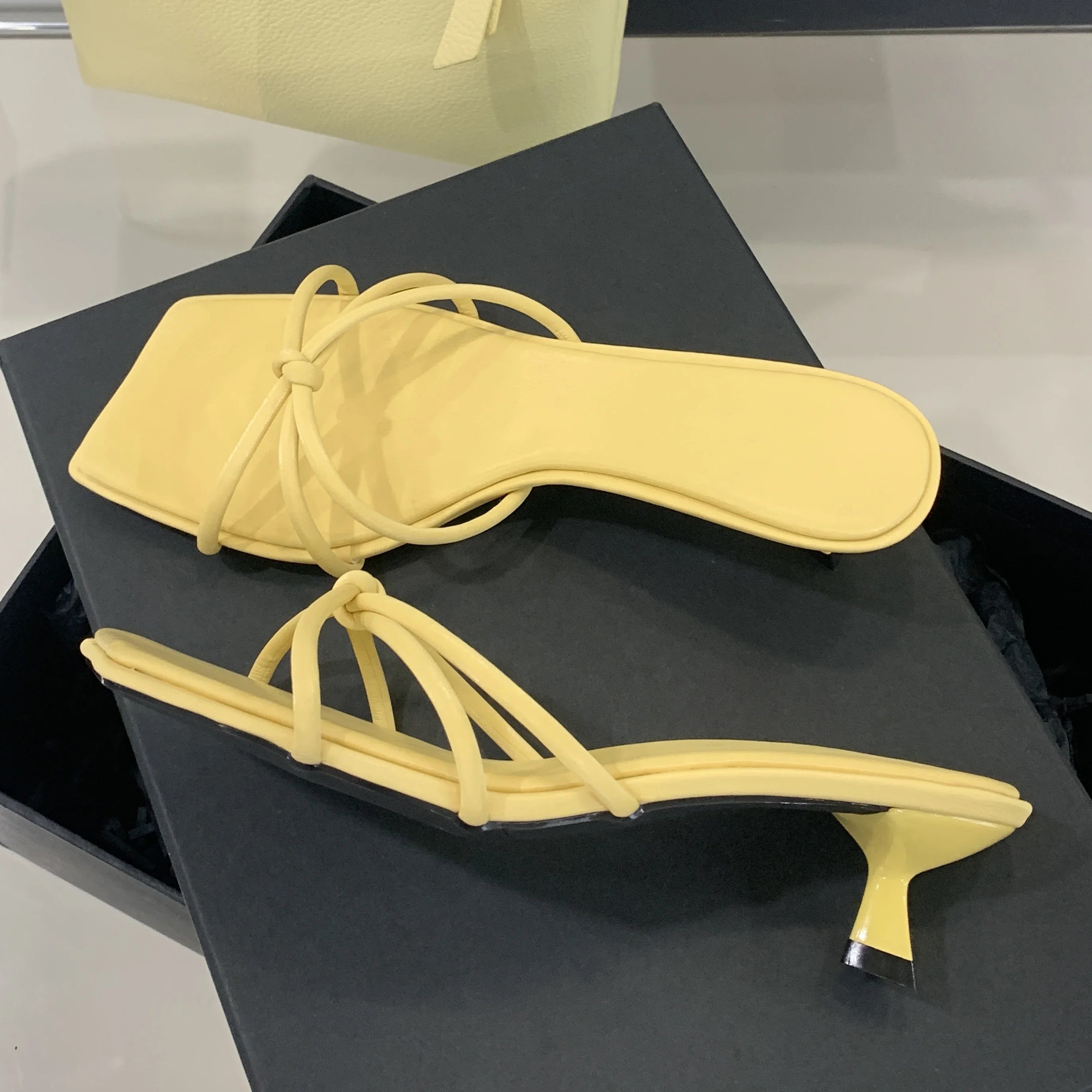 Xajzpa Summer Narrow Band Buckle Strap Slippers Women Square Toe Stiletto Low Heels Slide Mules Party Shoes Zapatos De Mujer