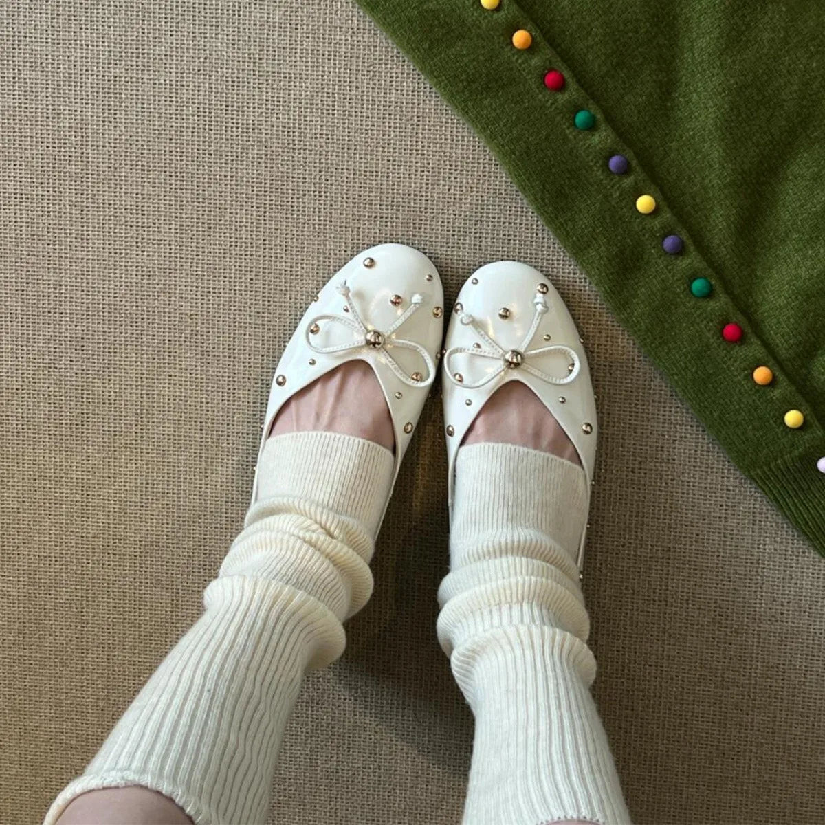 Xajzpa New Women Flat Shoes Autumn Round Toe Shallow Mouth Patent Leather Butterfly Knot Rivet Casual Shoes Soft Sole Single Shoes